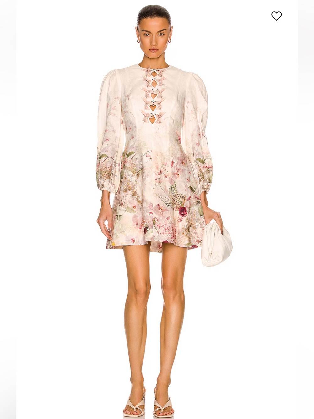 Zimmermann Cream Floral Hummingbird Puff Sleeve Dress with Pink & Green Accents